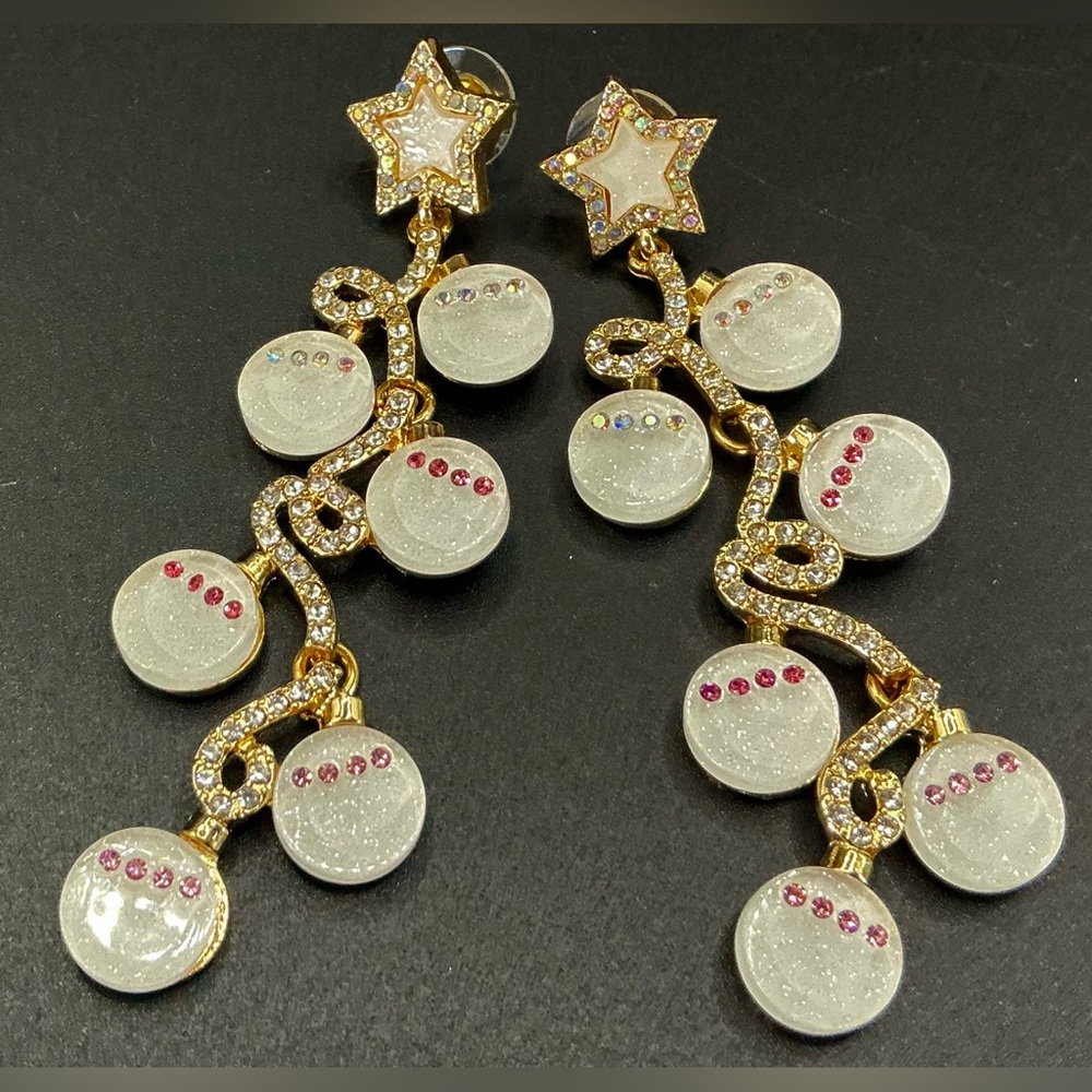 SPARKLY STAR GOLDTONE RHINESTONE 3” LONG DANGLE STAR CIRCLE PIERCED EARRINGS